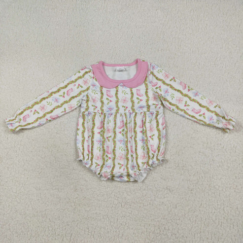 8.14 LR2324 Baby Girls Long Sleeves Gifts Floral Stripe Ruffle Romper