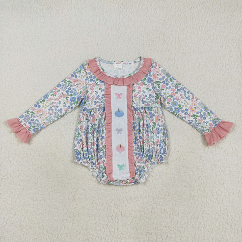8.13 LR2273 Embroidery Baby Girls Long Sleeves Floral Bows Pumpkins Ruffle Romper