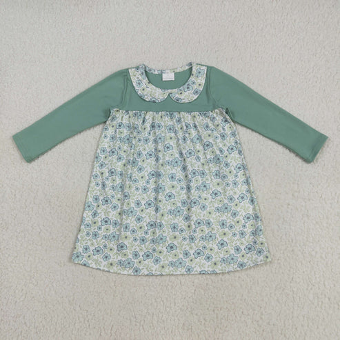 7.24 GLD1087 Baby Girls Aqua Long Sleeves Flowers Plaid Knee Length Dress