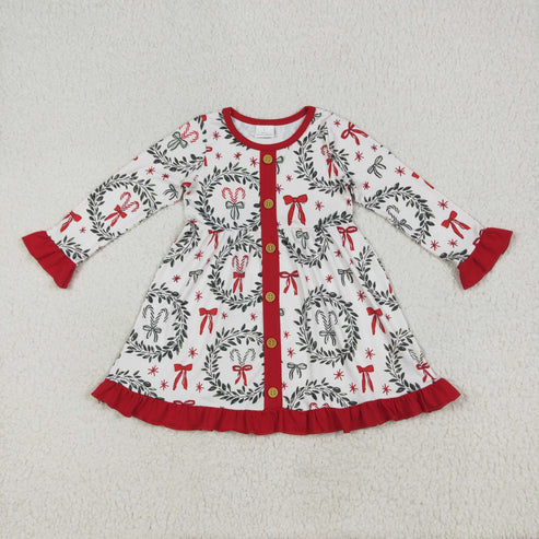 7.24 GLD1082 Baby Girls Long Ruffle Sleeves Green Red Bows Button Knee Length Dress