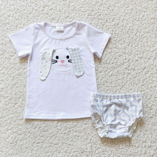 7.25 GBO0063 White Embroidered Rabbit Short Sleeve Blue Check Briefs Set