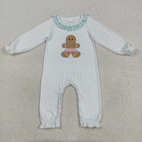8.13 LR2341 Embroidery Baby Girls Long Ruffle Sleeves Polka Dots Gingerbread Pant Romper