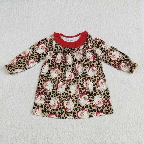 7.24 GLD1065 Baby Girls Long Ruffle Sleeves Leopard Santa Knee Length Dress