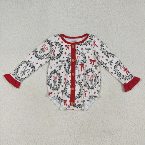 8.14 LR2252 Baby Girls Long Sleeves Red Green Bows Button Ruffle Romper