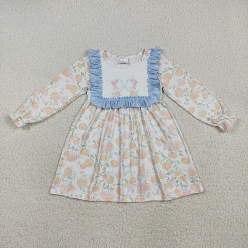 7.24 GLD1084 Baby Girls Long Ruffle Sleeves Light Blue Pumpkins Plaid Knee Length Dress