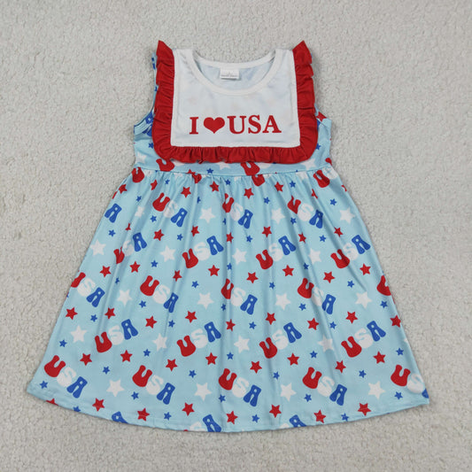 GSD4002 Kids Baby Girls Sleeveless I Love USA Stars 4th of July Knee Length Dresses