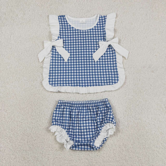 GBO0528 Kids Baby Girls Blue Checked Bows Tunic Bummies Clothes Sets