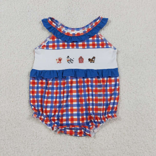 SR3835 Newborn Embroidery Cow Pig House Baby Girls Red Blue Checked Farm Ruffle Rompers