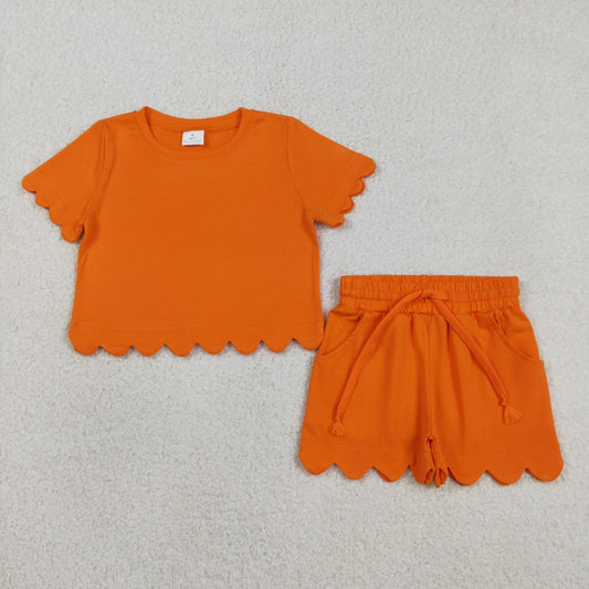 GSSO3178 Kids Baby Girl Short Sleeve Orange Shirts Top Scallop Shorts Clothes Sets