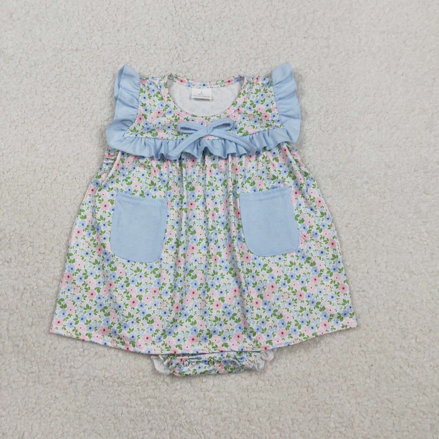 SR3752 Newborn Baby Girl Sleeveless Flowers Pockets Tunic Bummies Ruffle Rompers