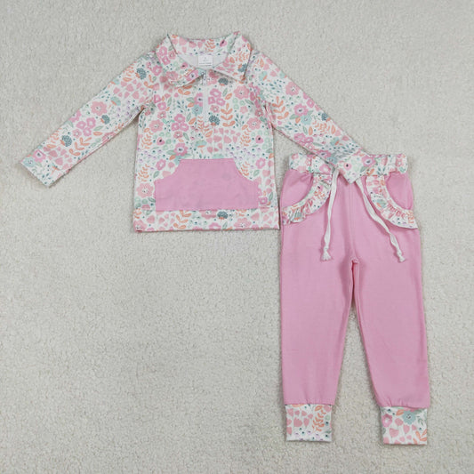RTS NO MOQ（In Stock) GLP3279 Colorful Floral and Leaf Light Pink Pocket Zipper Long-Sleeve Pants Set