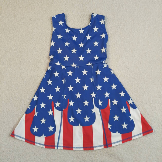 GSD3813 Kids Baby Girls Stars Stripe Yoga Active Short 4th of July Knee Length Dress