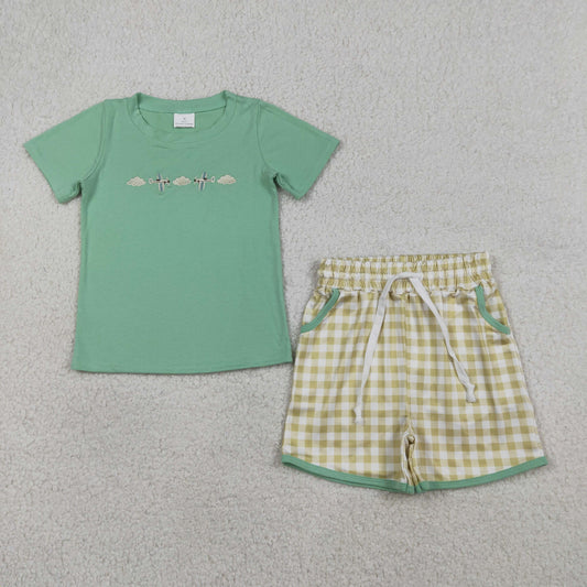 BSSO1684 Kids Embroidery Air Planes Baby Boys Top Checked Pockets Clothes Sets