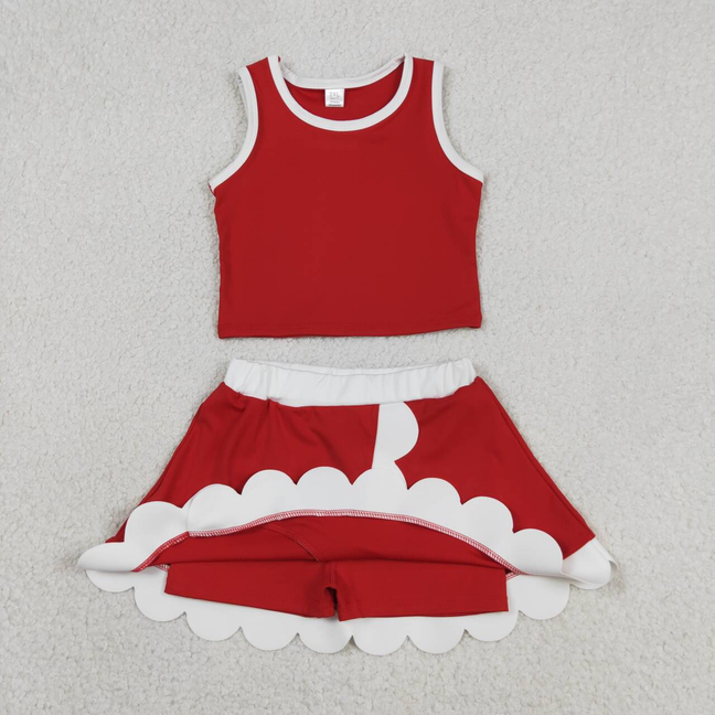 GSD4016 Kids Baby Girls Sleeveless Red White Vest Scallop Skirt Short Yoga Active Clothes Set