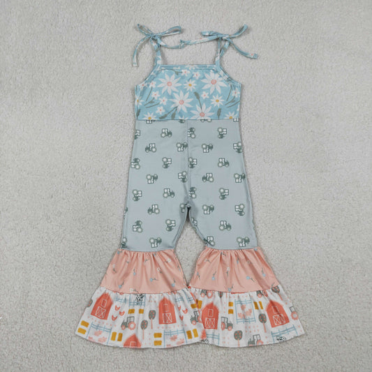 RTS NO MOQ（In Stock SR3587 Floral Tractor Red House Patchwork Suspender Jumpsuit