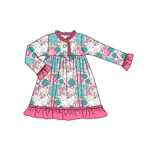 7.11 GLD1184 Baby Girls Pink Christmas Santa Lights Button Knee Length Dresses Preorder