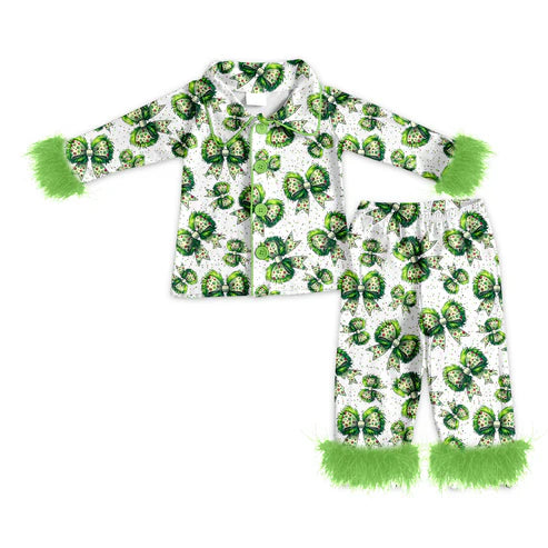 7.15 GLP2582 Baby Girls Fur Long Sleeves Polka Dots Bows Button Top Pant Pajamas Set Preorder