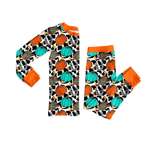 7.10 GLP2572 Baby Girls Long Sleeves Cow Print Pumpkins Hats Top Pant Pajamas Set Preorder