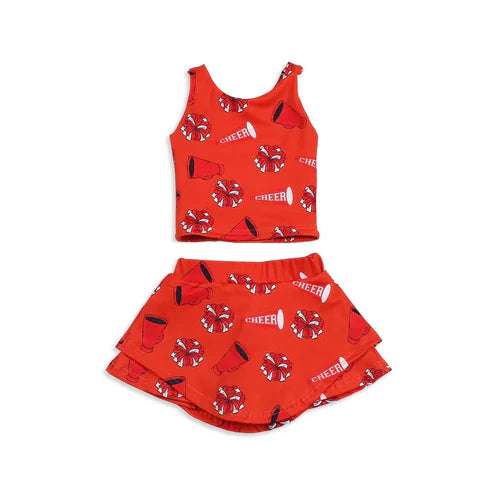 7.10  Custom Moq 3 Baby Girls Red Sleeveless Team Cheers Top Skorts Set