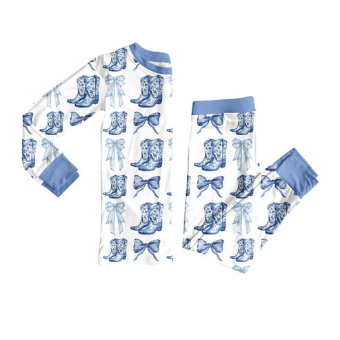 7.14 GLP2583 Baby Girls Long Sleeves Bows Boots Plaid Top Pant Pajamas Set Preorder