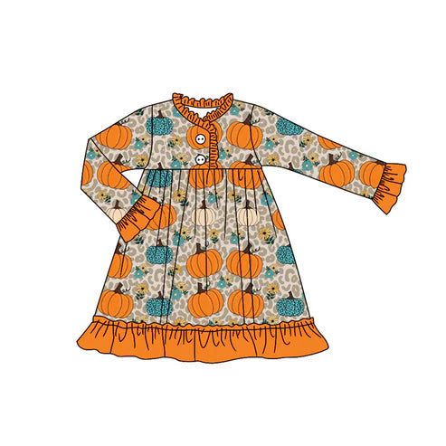 7.15 GLD1189 Baby Girls Long Sleeves Leopard Pumpkins Flowers Button Ruffle Knee Length Dresses Preorder