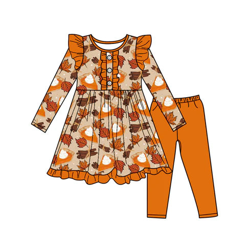 7.14 GLP2549 Baby Girls Long Sleeves Pie Leaves Button Tunic Legging Pant Set Preorder