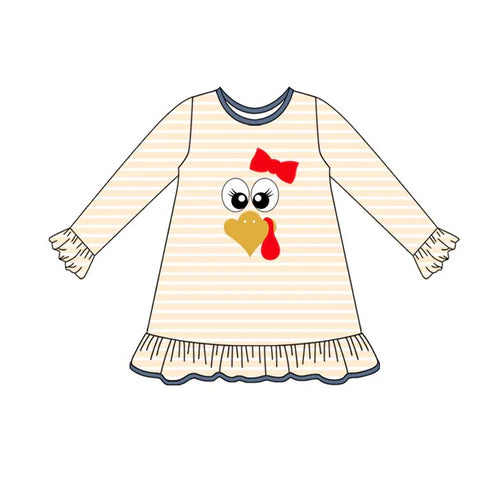 7.15 GLD1198 Baby Girls Long Ruffle Sleeves Stripe Turkey Knee Length Dresses Preorder
