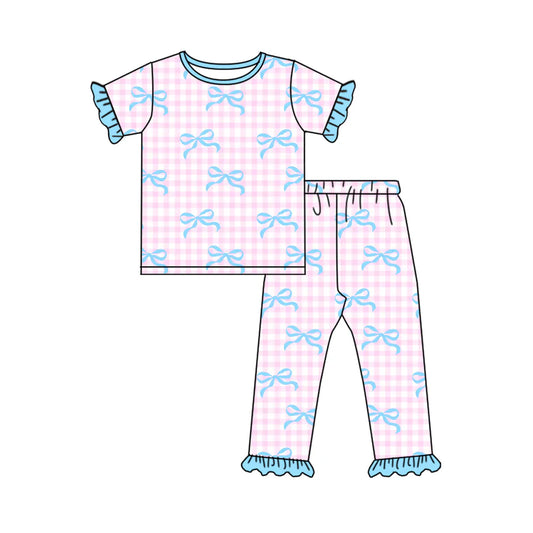 7.21 GSPO1736 Baby Girls Pink Checkered Bows Top Pants Pajamas Clothes Sets Preorder