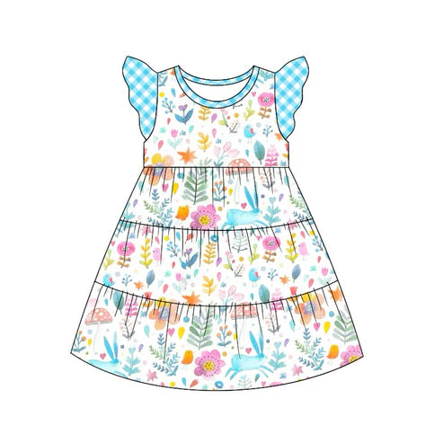 7.19 GSD1447 Baby Girls Easter Blue Rabbits Knee Length Dresses Preorder