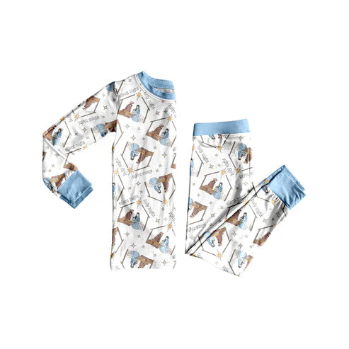 7.15 BLP1170 Baby Boys Long Sleeves Nativity Plaid Top Pant Pajamas Set Preorder