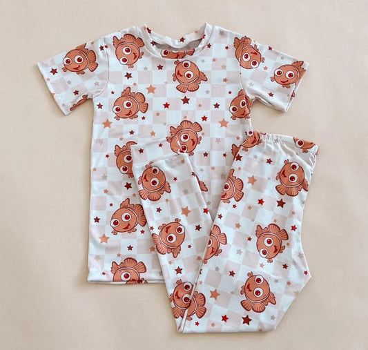 7.22 GSPO1751 Baby Girls Orange Fish Checkered Shirt Pants Pajamas Clothes Sets Preorder