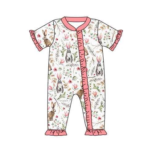 7.19 SR2017 Baby Infant Girls Easter Rabbit Flowers Zip Rompers preorder