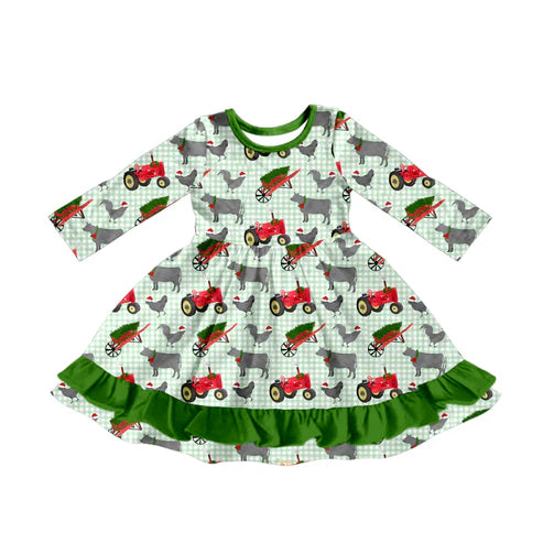 7.11 GLD1183 Baby Girls Green Plaid Christmas Hats Farm Ruffle Knee Length Dresses Preorder