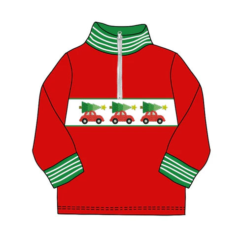 7.16 BT0930 Baby Boys Red Christmas Tree Cars Zip Long Sleeve Pullovers Tops Preorder