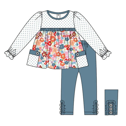 7.17 GLP2071 Baby Girls Dots Flowers Pockets Tunic Legging Clothes Sets Preorder