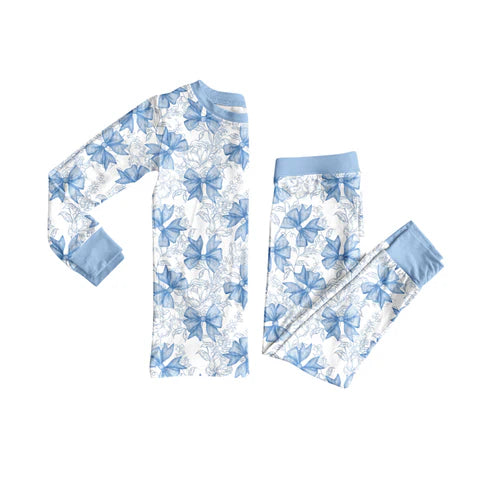 7.11 GLP2565 Baby Girls Long Sleeves Blue Bows Floral Plaid Top Pant Pajamas Set Preorder