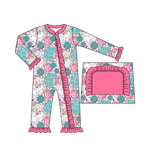 7.11 LR2400 Baby Girls Pink Christmas Santa Lights Ruffle Zipper Pant Rompers Preorder