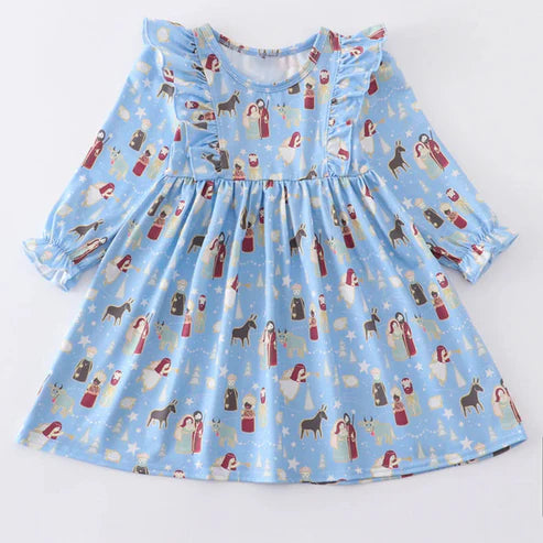7.17 GLD0940 Baby Girls Christmas Blue Soldier Ruffle Knee Length Dresses Preorder