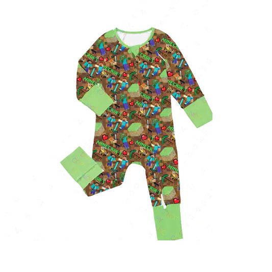 7.21 LR2083 Baby Infant Boys Game Green Zip Long Sleeve Rompers preorder
