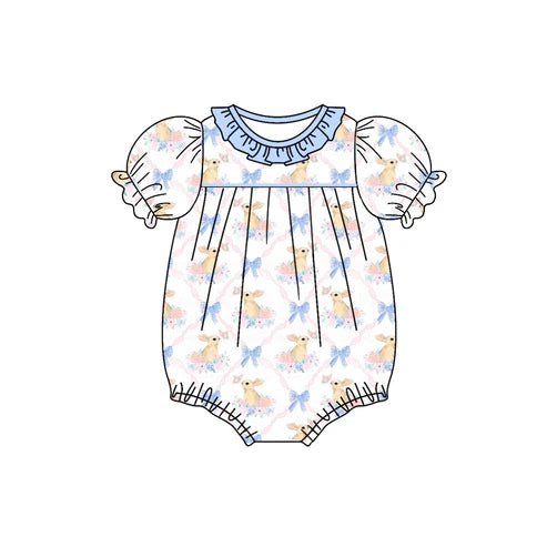 7.21SR2030 Baby Infant Girls Easter Rabbits Bows Short Sleeve Rompers preorder