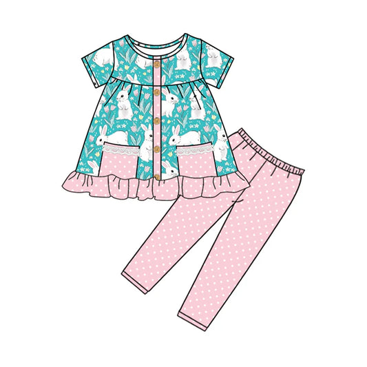 7.23 GSPO1768 Baby Girls Easter Rabbits Pocket Tunic Legging Pants Clothes Sets Preorder