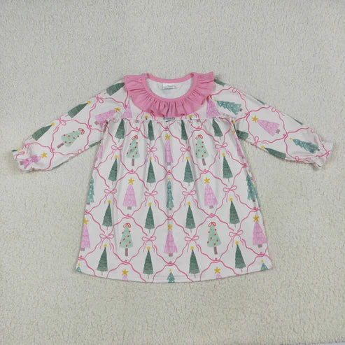7.24 GLD1093 Baby Girls Girls Long Sleeves Trees Bows Plaid Knee Length Dress