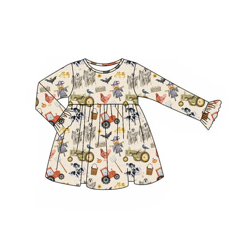 7.14  GLD1196 Baby Girls Long Ruffle Sleeves Trucks Chicks Farm Knee Length Dresses Preorder