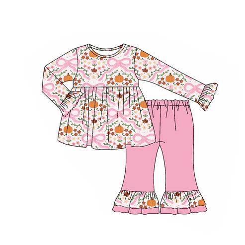 7.15 GLP2577 Baby Girls Long Ruffle Sleeves Bows Floral Pumpkins Plaid Tunic Flare Pant Set Preorder