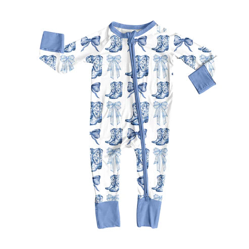 7.14 LR2420 Baby Boys Long Sleeves Blue Bows Boots Plaid Zipper Pant Rompers Preorder