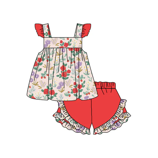 7.21 GSSO1465 Baby Girls Pink Flowers Flutter Sleeve Tunic Ruffle Shorts Clothes Sets Preorder