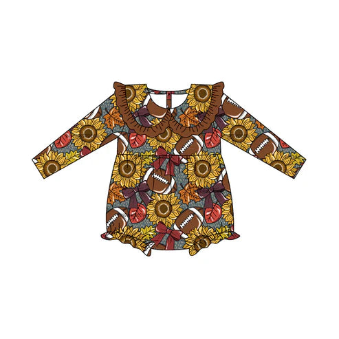7.15 LR2416 Baby Girls Brown Long Sleeves Sunflower Footballs Ruffle Rompers Preorder