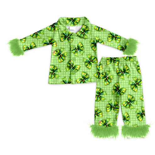 7.15 GLP2581 Baby Girls Green Plaid Fur Long Sleeves Bows Button Top Pant Pajamas Set Preorder