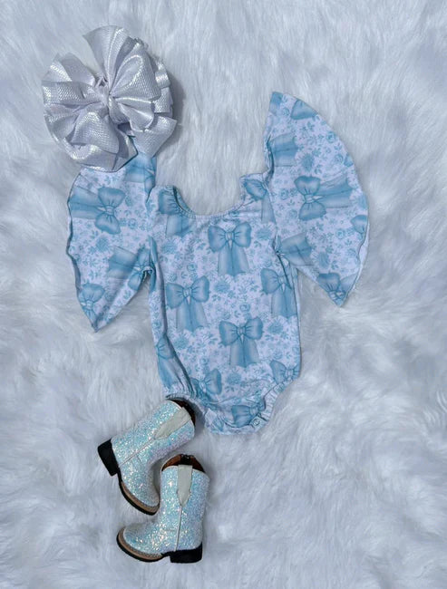 7.15 SR3186 Baby Girls Bell Short Sleeves Bows Flowers Ruffle Rompers Preorder