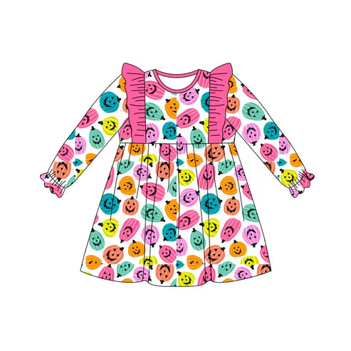 7.11 GLD1187 Baby Girls Long Ruffle Sleeves Colorful Ghost Pumpkins Knee Length Dresses Preorder